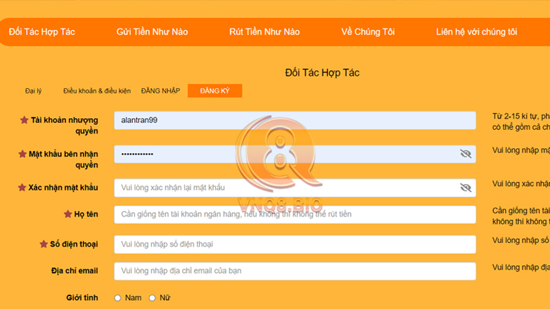 Điền thông tin đăng ký làm đại lý VNQ8